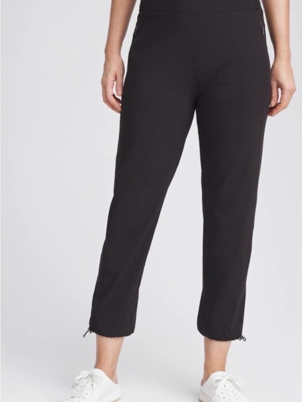 Chico's size 2 (12-large) Black Cropped Drawstring Hem Pants with ankle bungee